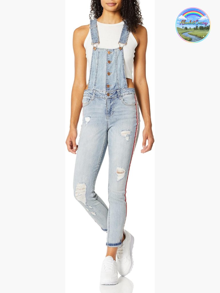 Women's 5 Pocket Denim Overalls With Striped Legs Stretch Fit